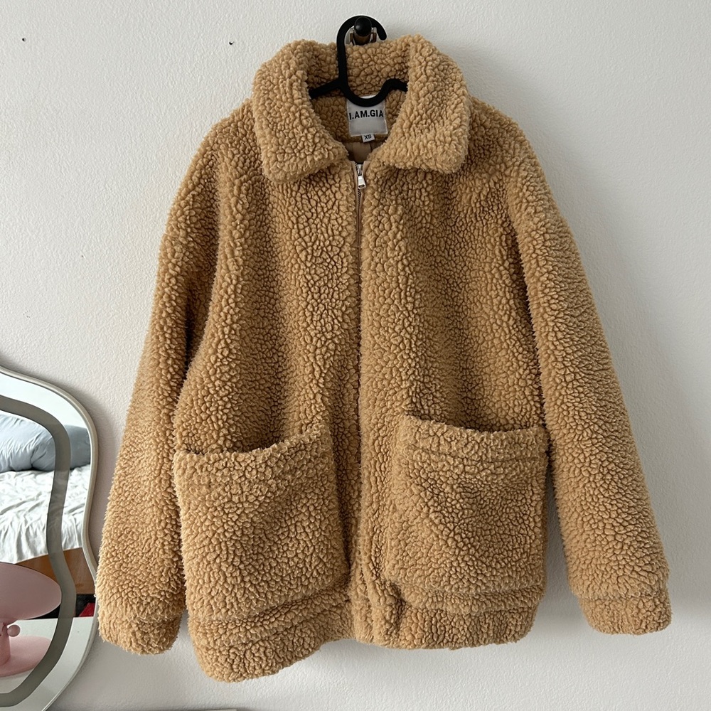 I AM GIA Oversized Teddy Coat Zip Up Beige